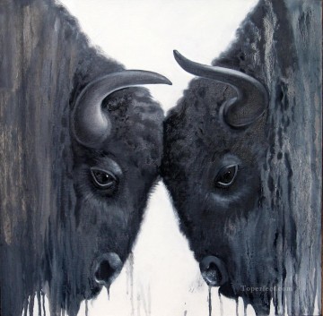 動物 Painting - 黒と白の雄牛